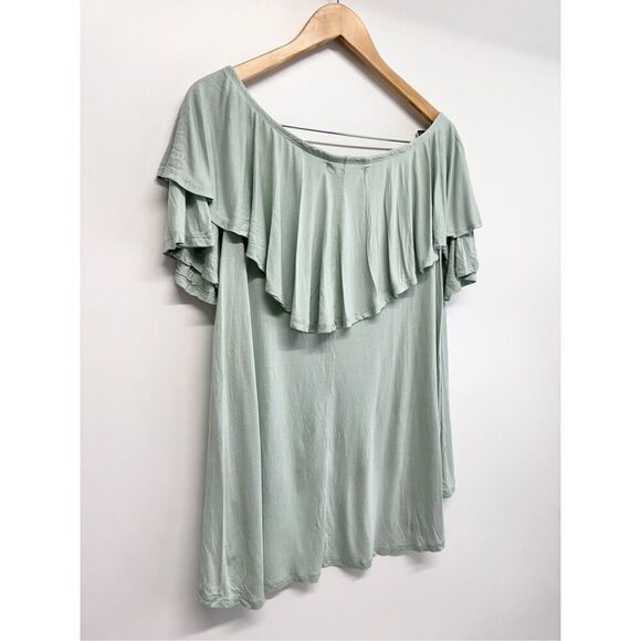 Free People Beach Off Shoulder Shirt Ruffle Green Pullover Size Large - Picture 5 of 8